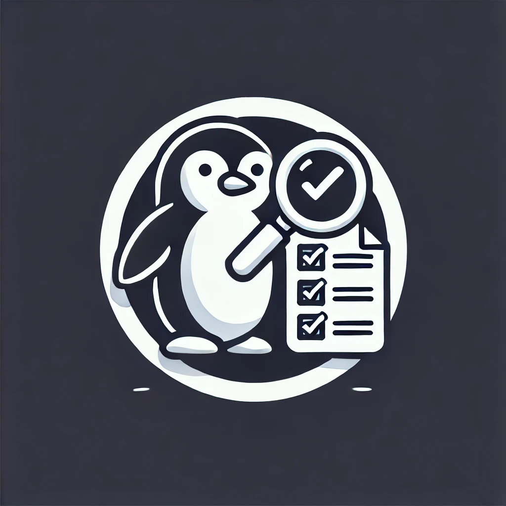 DALL·E 2025-02-23 20.09.18 - A minimalist icon featuring a penguin holding a magnifying glass and a checklist, symbolizing the analysis process. The design should be clean and sim