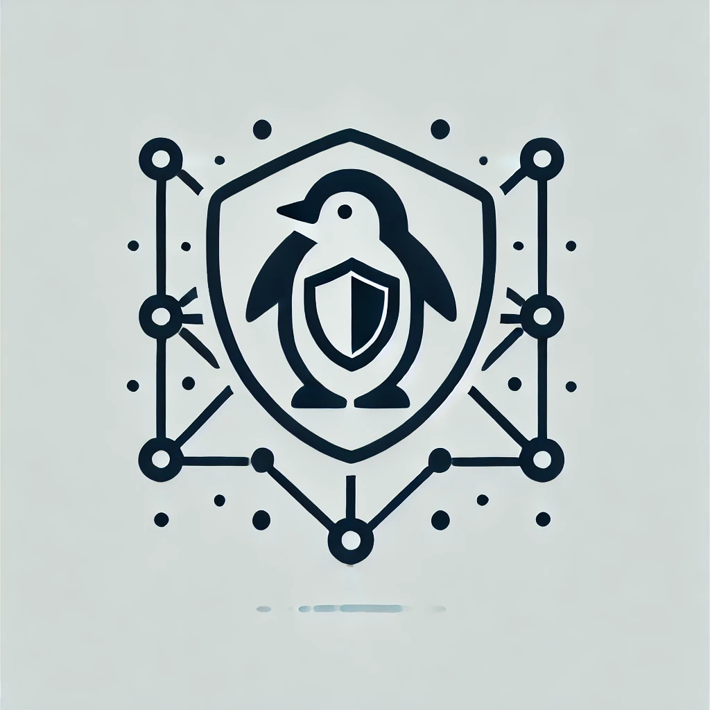 DALL·E 2025-02-23 22.39.18 - A minimalist icon featuring a penguin within a network, with a shield symbolizing security. The design should be clean and modern, using a monochrome