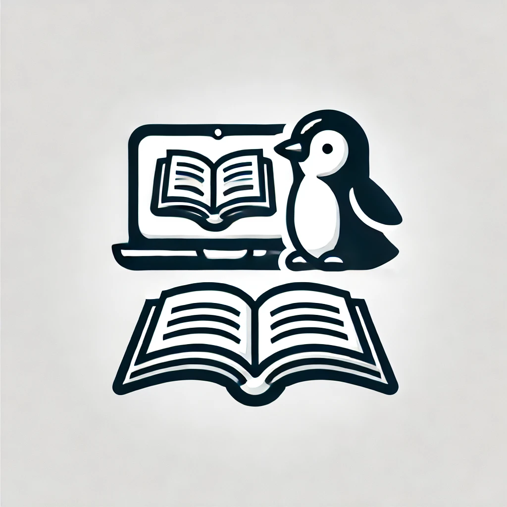 DALL·E 2025-02-23 23.32.06 - A minimalist learning icon featuring an open book next to a laptop with a small penguin. The design should be clean and modern, using a monochrome or