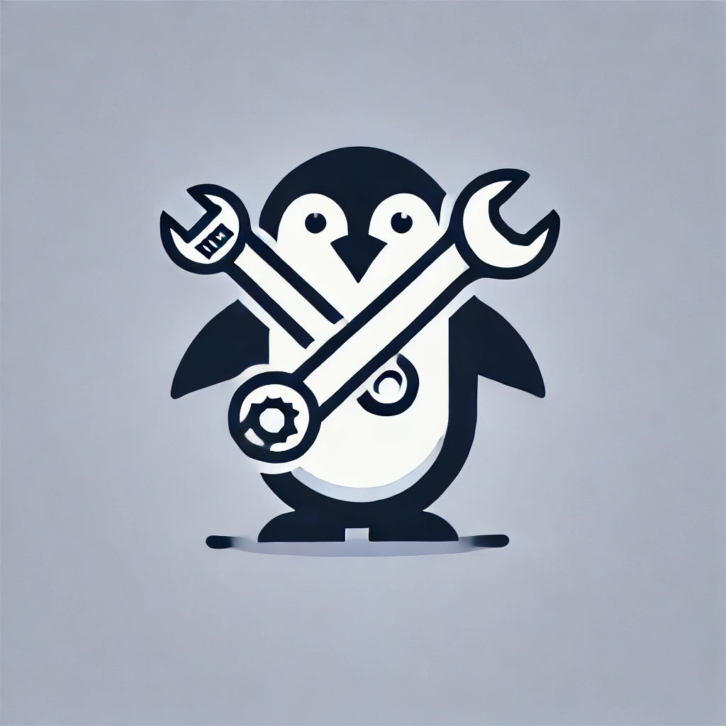 DALL·E 2025-02-23 23.35.53 - A minimalist icon featuring a penguin holding tools like a wrench and a screwdriver in a modern, simple style. The design should be clean and geometri