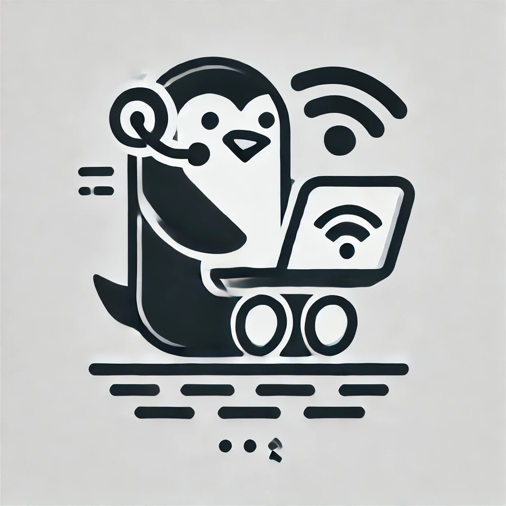 DALL·E 2025-02-24 00.32.12 - A minimalist icon featuring a penguin with a laptop and a headset, symbolizing fast remote support. The design should be clean and modern, using a mon