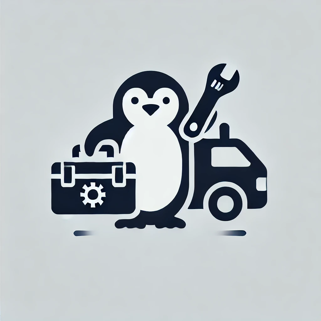 DALL·E 2025-02-24 00.35.47 - A minimalist icon featuring a penguin with a toolbox and a vehicle, symbolizing technical service or repair. The design should be clean and modern, us