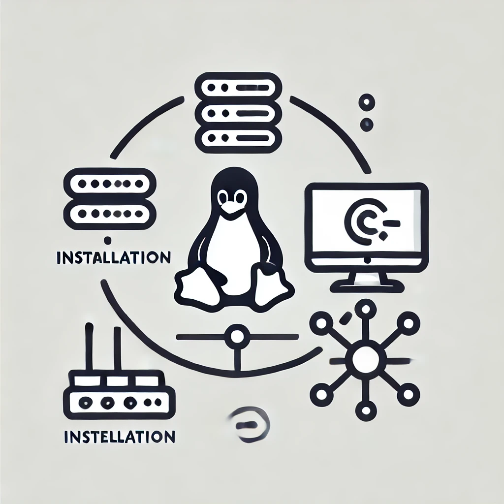 DALL·E 2025-02-24 00.56.18 - A minimalist icon representing installation and setup, featuring a server or PC connected to a network diagram, with a small penguin included to symbo